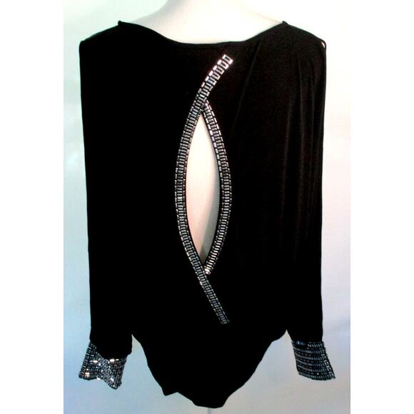 Moda International Women's Long Slit Sleeve Beaded Black Stretch Shirt Size Med. - Picture 6 of 10